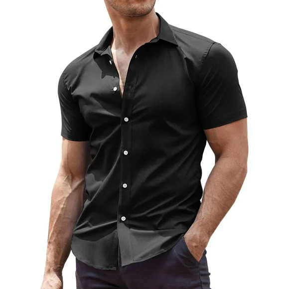 ❤️Men's Black Dress Shirts  Wrinkle-Free Short Sleeve Casual Button Down Shirt - Picture 1 of 7